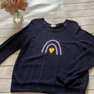 Sundry Navy Sweatshirt with Purple Rainbow and Yellow Heart